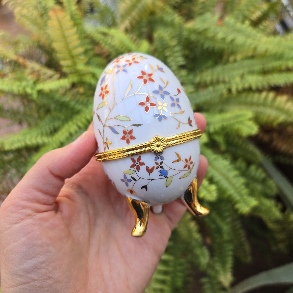 Vintage Cloisonne Floral Egg Jewelry Trinkets Box